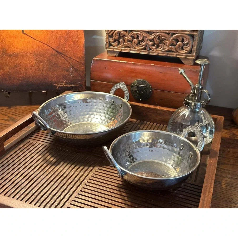 Pair of Hammered Metal Bowls — Ornate Engraved Handles, Vintage Decorative Bowls